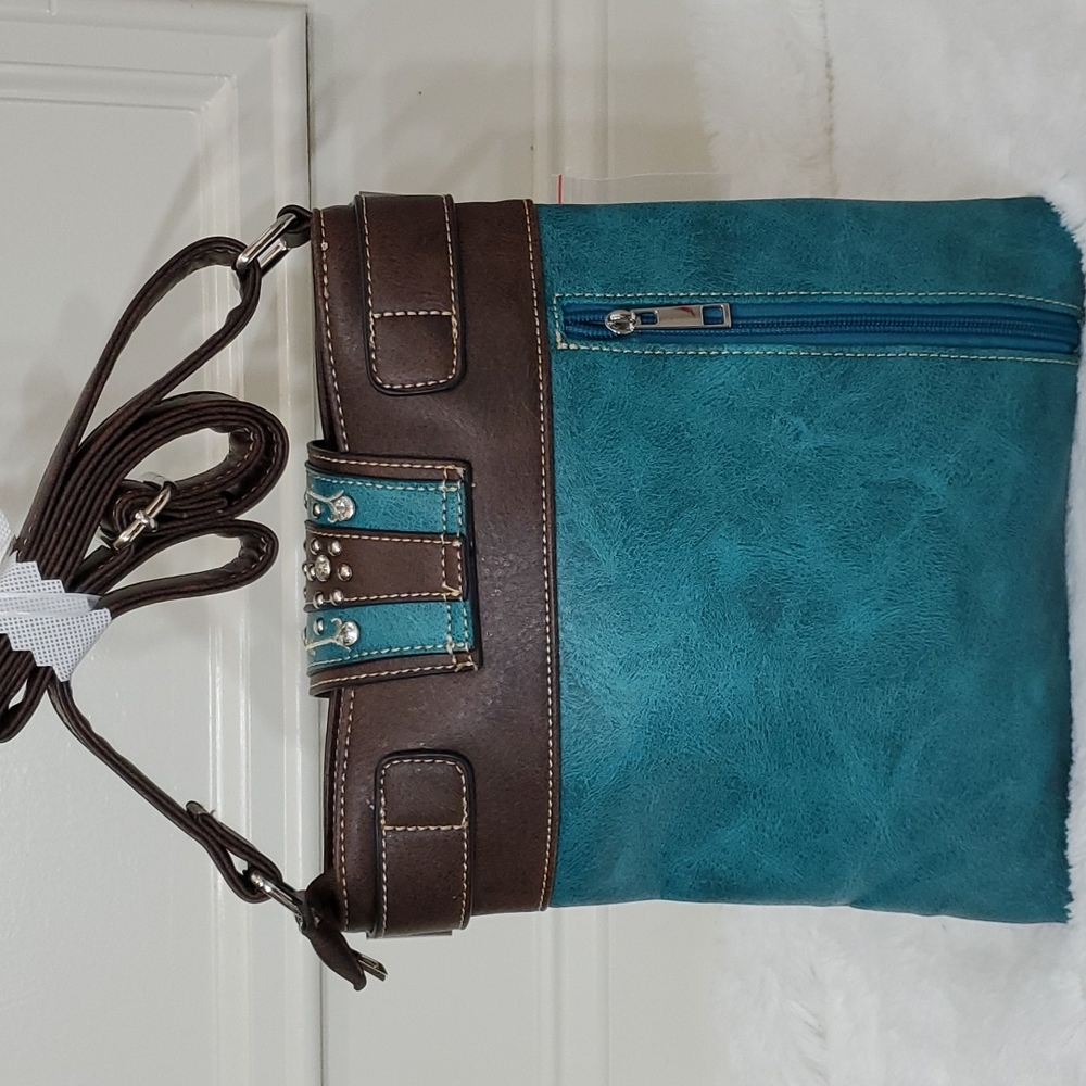 Turquoise Western Buckle Crossbody with Embroidery - Picture 4 of 4